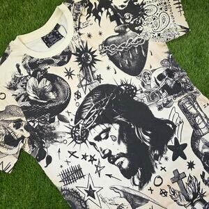 Rebel Vengeance Religious Jesus Tatto AOP Graphic Tee Men's Sz Large T-Shirt New